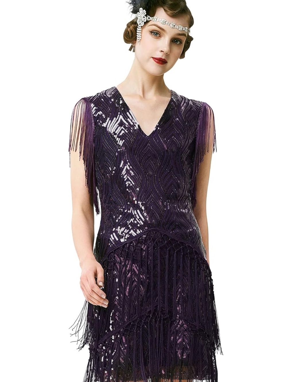 Purple Beaded Fringe V-Neck Flapper Dress